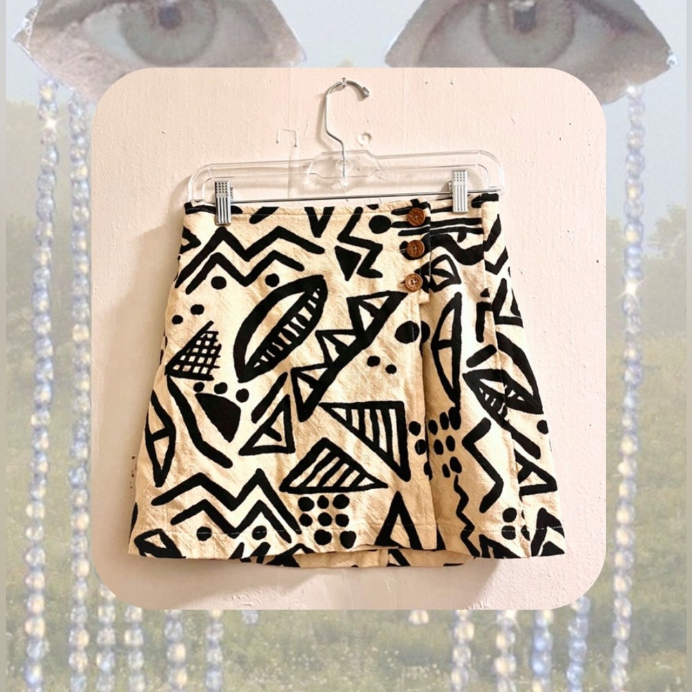 urban outfitters • black & cream geometric tribal print mini wrap skirt